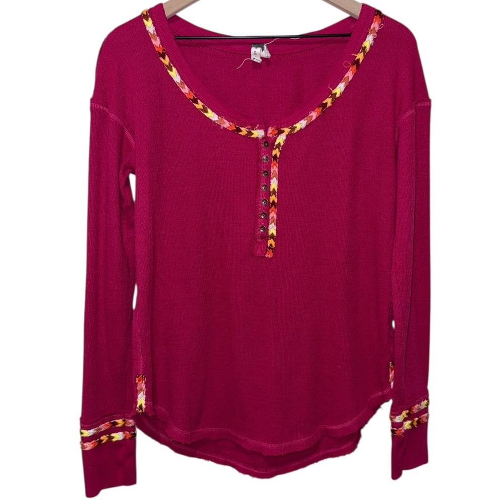 We The Free People Rainbow Thermal Henley Top Oversized‎ Sz S Boho Long Sleeve